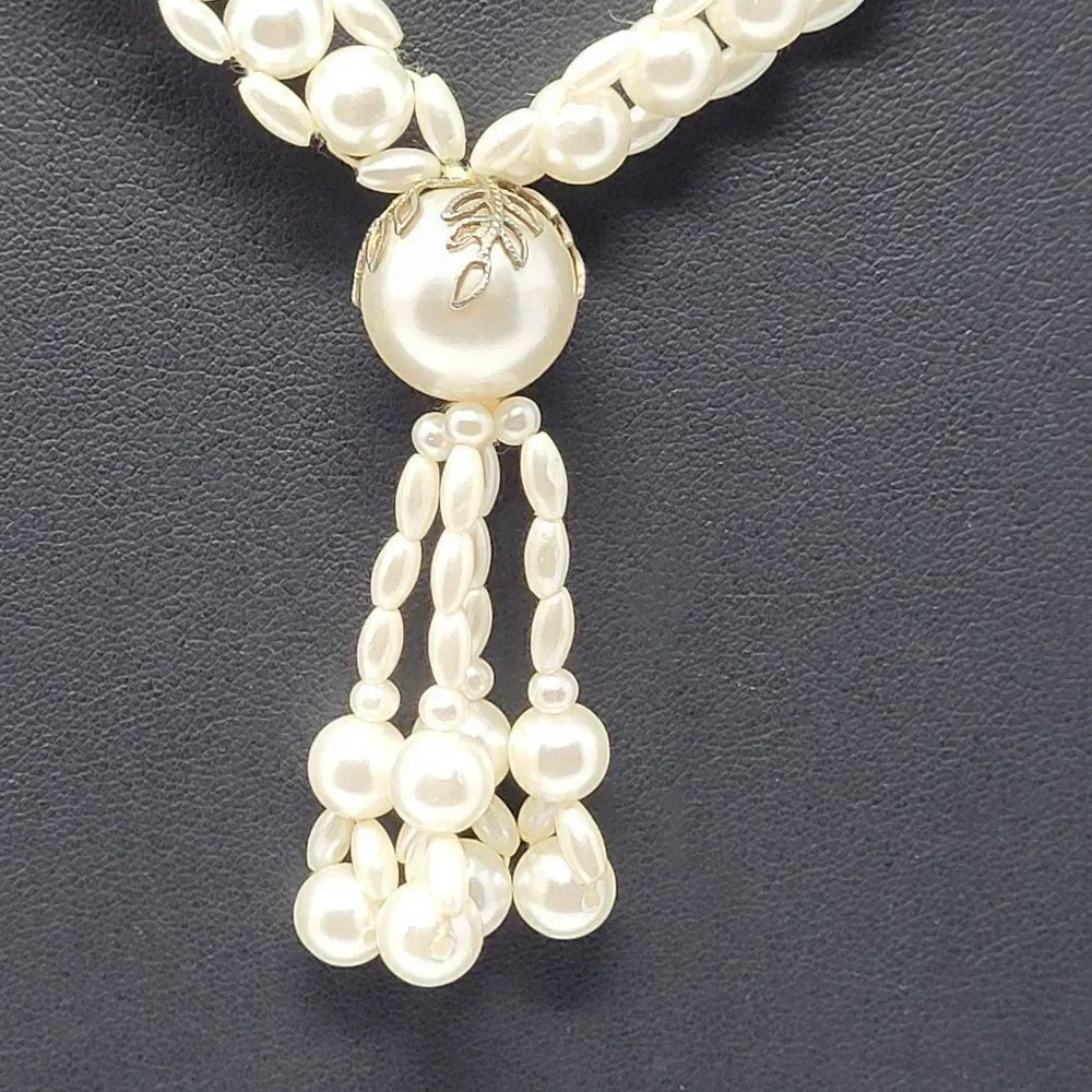 Vintage Faux Pearl Intricate Woven Opera Necklace Pearl Tassel Pendant Statement